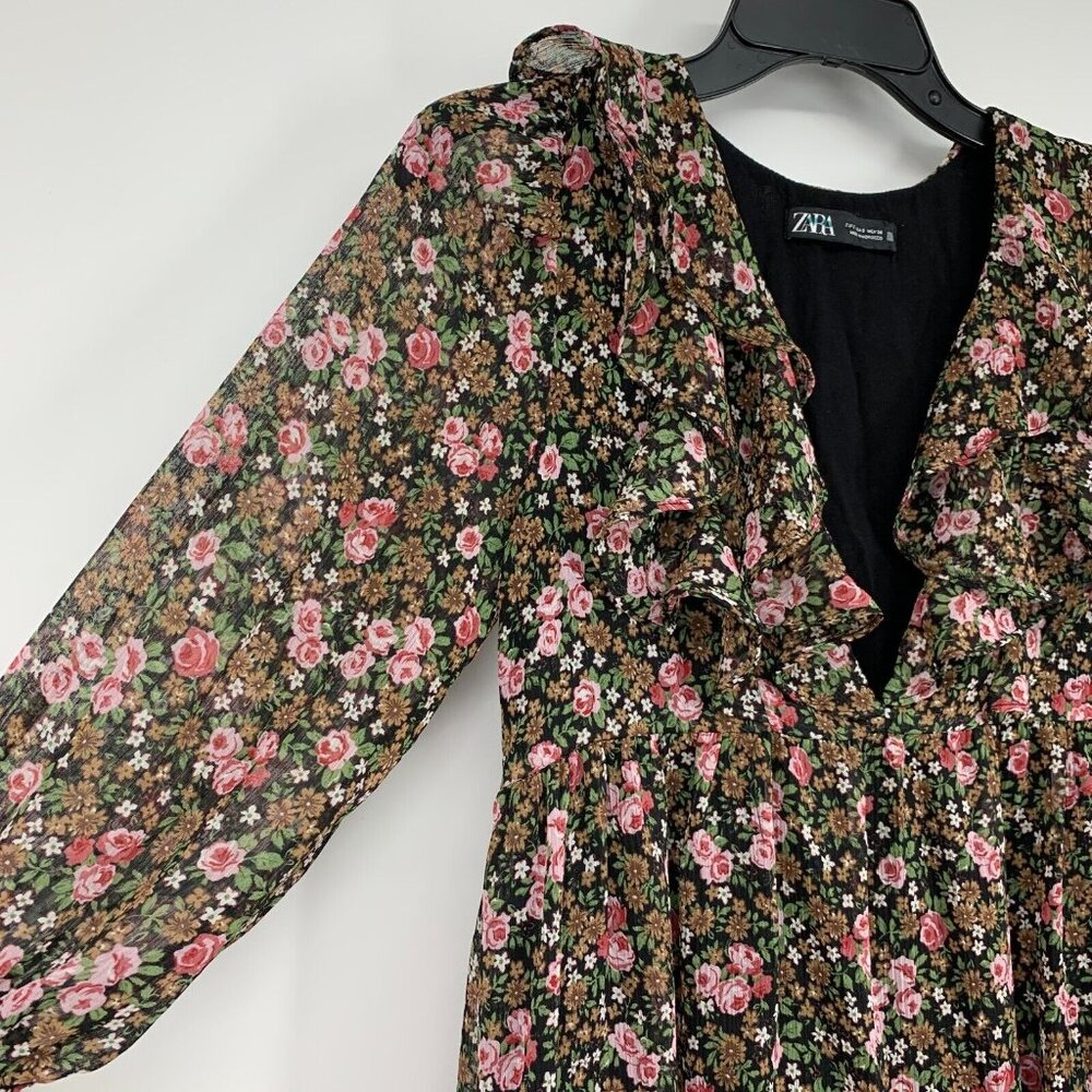 Zara Dress Black Floral Print 3/4 Sleeve V Neck Mini Lined - Picture 6 of 13